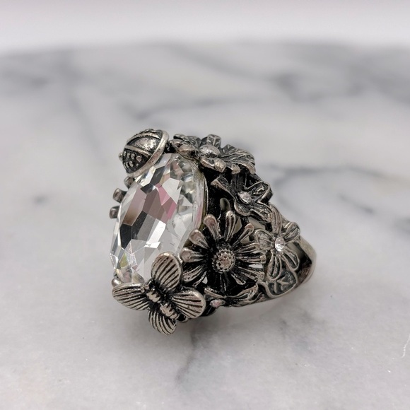 Chunky‎ Flower & Ladybug Antique Silver Tone Crystal Costume Ring Stretch Band - Picture 14 of 14